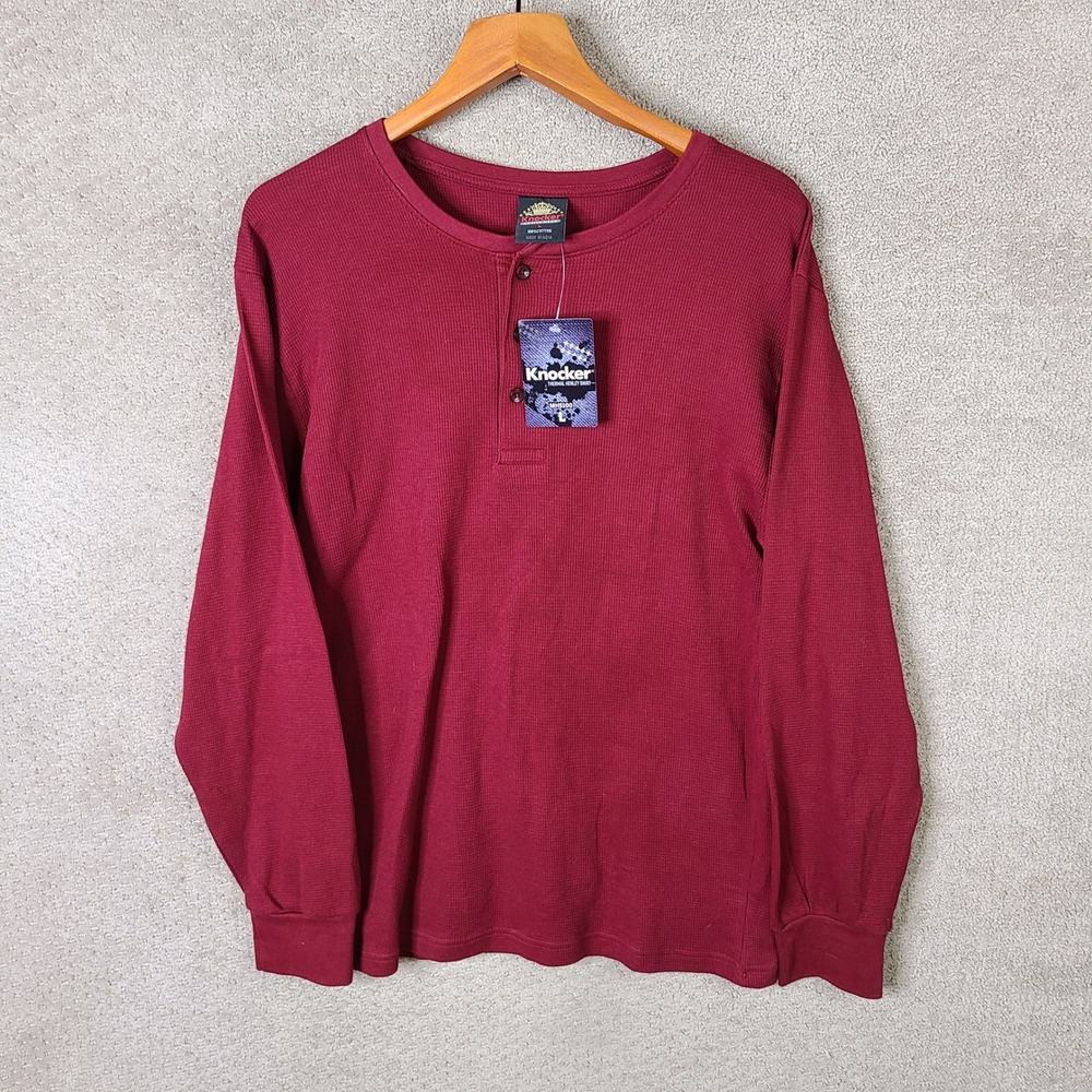 Knocker Shirt Mens L Maroon Henley Cotton Thermal Long Sleeve Casual Outdoor NEW